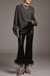 Sequin Feather Trim Flare Leg Pants