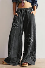 Floral Embroidered Drawstring Jeans