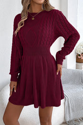 Solid Round Neck Chunk Cable Waisted Knit Mini Dress