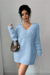 V-Neck Cozy Fuzzy Solid Loose Fit Sweater