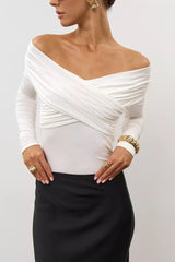 Ruched Cross Slim Bare-Shoulder Long Sleeve Tee