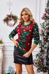 Christmas Color Block Dinosaur Print Casual Sweater