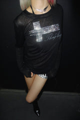 Rhinestone Cross Long Sleeve Fitted T-Shirt