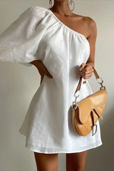 One Shoulder Cotton Linen Mini Dress