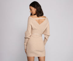 Ribbed Knit Tie-Front Charming Mini Sweater Dress Sweaters-L