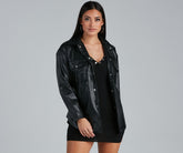 Sleek Trends Faux Leather Tie-Waist Shirt Jacket Black / S Casual Woven Jackets