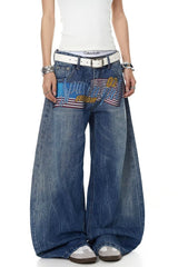Letter Graphic Button Front Wide Leg Jeans