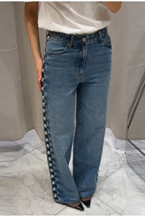 Beaded High Waist Straight Leg Jeans