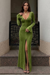 Button Front Bell Sleeve Slit Maxi Dress