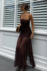 Strapless Ruched Sheer Panel Maxi Dress