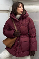 Wine Red Belted Hooded Puffer Coat