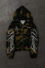 Camo Embroidered Graphic Zip Up Hoodie