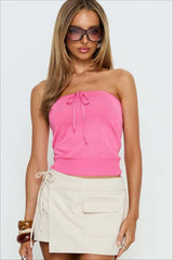 Striped Lace Up Strapless Knit Crop Top