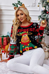 Christmas Moose 3D Pom Pom Sequin Crew Neck Sweater