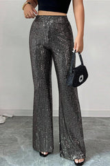 Black Silver Sequin Stripe Flared Pants