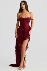 Lace Ruffle Off Shoulder Midi Dress