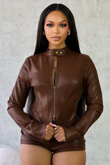 PU Leather Zip Up Metal Buckle Jacket