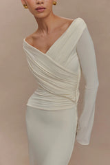 V Neck Long Sleeve Ruched High Waist Maxi Dress