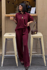 Relaxed Polo Knit Top Wide Leg Pants Set