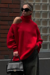 Off Shoulder High Neck Knit Sweater