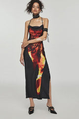 Flame Print Cami Backless Midi Dress