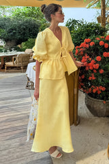 Resort Casual Cotton Linen Puff Sleeve Two Piece Skirt Set
