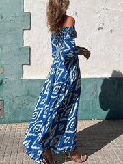 Vacation Ethnic Print Smocked Graceful Off Shoulder Pocketed Maxi Dress Dresses