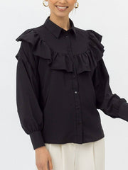 Ruffled Women Shirt Solid Slim Office Lady Frill Shirt