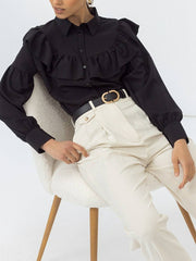 Ruffled Women Shirt Solid Slim Office Lady Frill Shirt