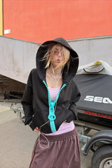 Contrast Oversized Ring Pull Zip Hoodie