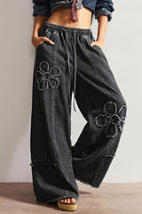 Floral Embroidered Drawstring Jeans