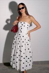 Polka Dot Strapless Bodycon Midi Dress