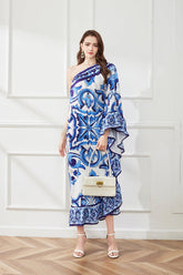 Asymmetric Design Slant Shoulder Print Loose Dress