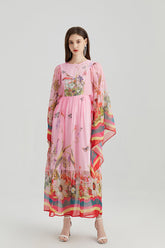 Vintage Court Style Round Neck Trumpet Long Sleeve Loose Printed Dress Tencel Long Dress