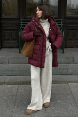 Burgundy Hooded Tie-Waist Zippered Cotton Coat