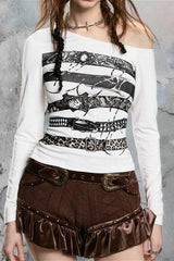 Vintage Collage Off Shoulder Long Sleeve T-Shirt