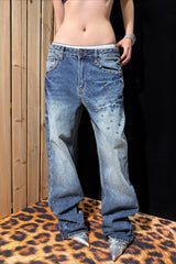 Lightning Stud Washed Wide Leg Jeans