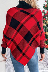 Christmas Plaid Contrast Turtleneck Cape Sweater