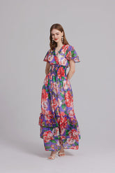 V Neck Ruffled Short Sleeve Stretch High Waisted Princess Style Print Long Dress