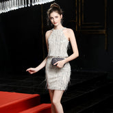 Cocktail Evening Short Halter Black Paillette Dress Party Gathering Small Dress Fairy