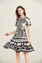 Elegant Crew Neck Short Sleeve Belted A Line Dress