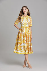 Printed Belted Button A Line Dress