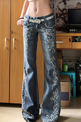 Crystal Floral Graphic Wide Leg Flare Jeans