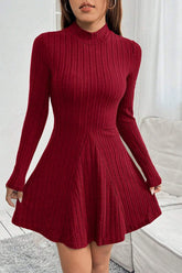 Slim Mock Neck Ribbed Waist-Cinched A Line Sweater Dress