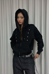Military Button Fitted Zip Up Hoodie