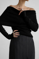 Off Shoulder Fitted Long Sleeve Knit Sweater
