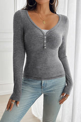 Button Detail Lace Trim V-Neck Long Sleeve Tee