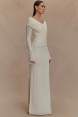 V Neck Long Sleeve Ruched High Waist Maxi Dress