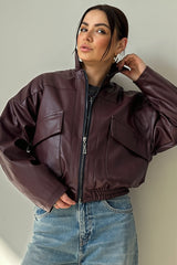 Washed Faux Leather Utility Bomber Jacket