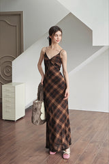 Plaid Spaghetti Strap Bodycon Maxi Dress